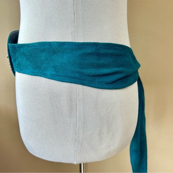 Vintage Laise Adzer Blue Suede Leather Wide Art Deco Belt Boho Chic Statement - Picture 3 of 13
